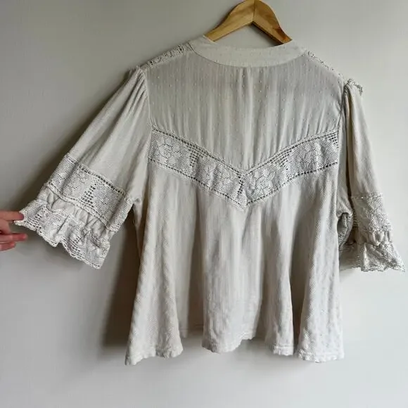 Free People Walk In The Park Top in Cream White Cotton Ruffle Lace Blouse Size S - Picture 3 of 7